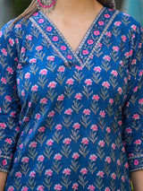 Midnight Bloom Indigo Floral Printed Cotton Kurta Pant Set