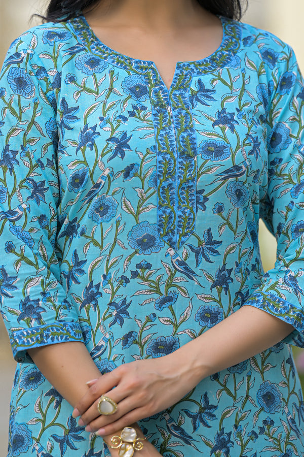 Aaranya Blue Handblock Cotton Suit Set with Chanderi Dupatta