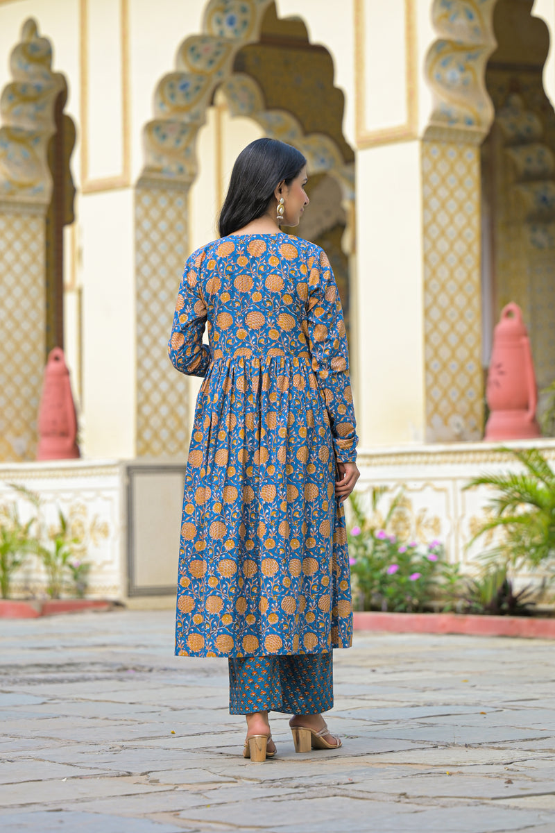 Pushkar Bloom Handblock Cotton Suit Set with Kota Doriya Dupatta