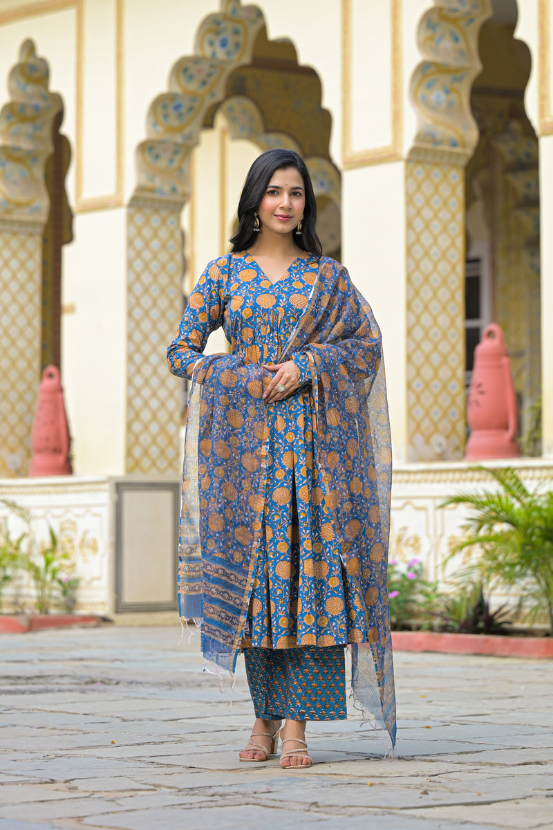 Pushkar Bloom Handblock Cotton Suit Set with Kota Doriya Dupatta