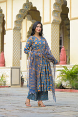 Pushkar Bloom Handblock Cotton Suit Set with Kota Doriya Dupatta