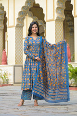 Mehrunisa Mustard Indigo Handblock Unstitched Suit Set with chanderi duppata.