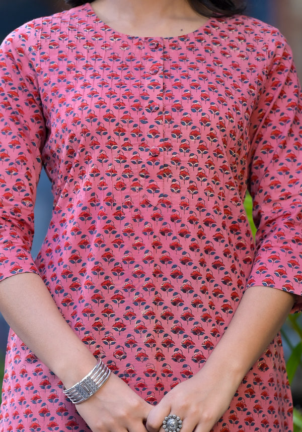 Peach Floral Buti Print Cotton Straight Kurta