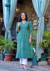 Sea Green Floral Print Cotton Straight Kurta