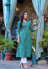 Sea Green Floral Print Cotton Straight Kurta