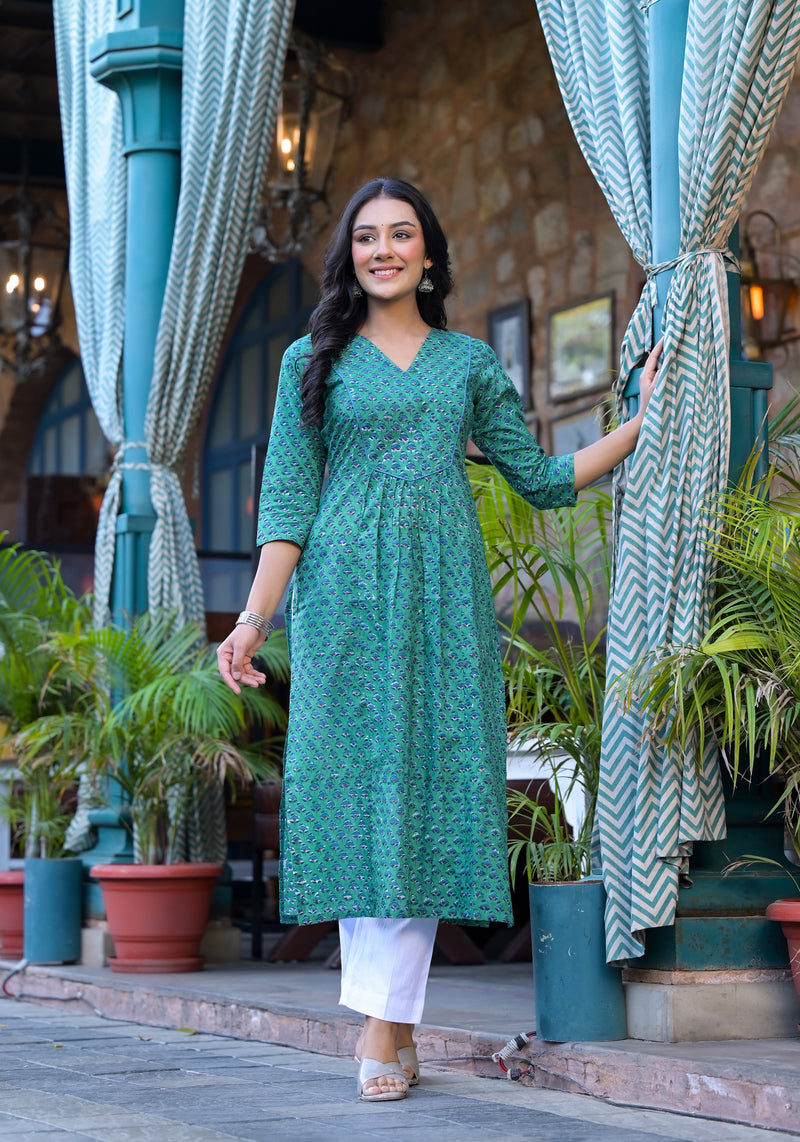 Sea Green Floral Print Cotton Straight Kurta