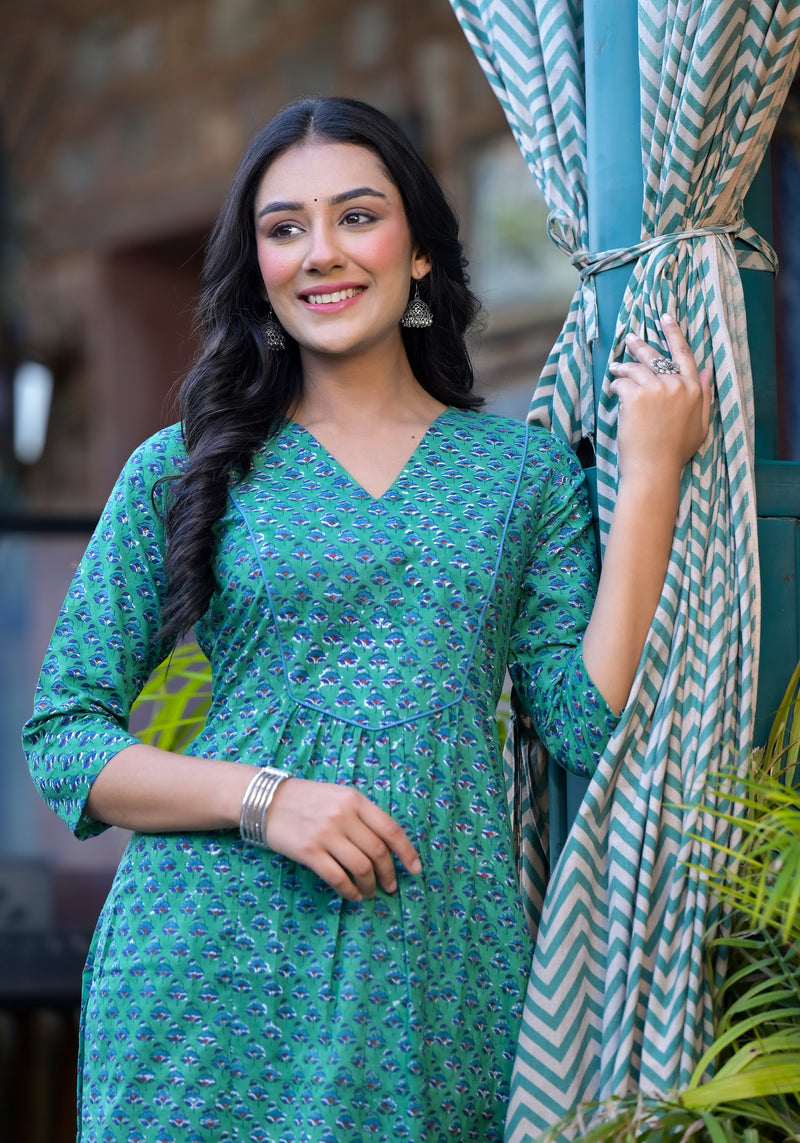 Sea Green Floral Print Cotton Straight Kurta