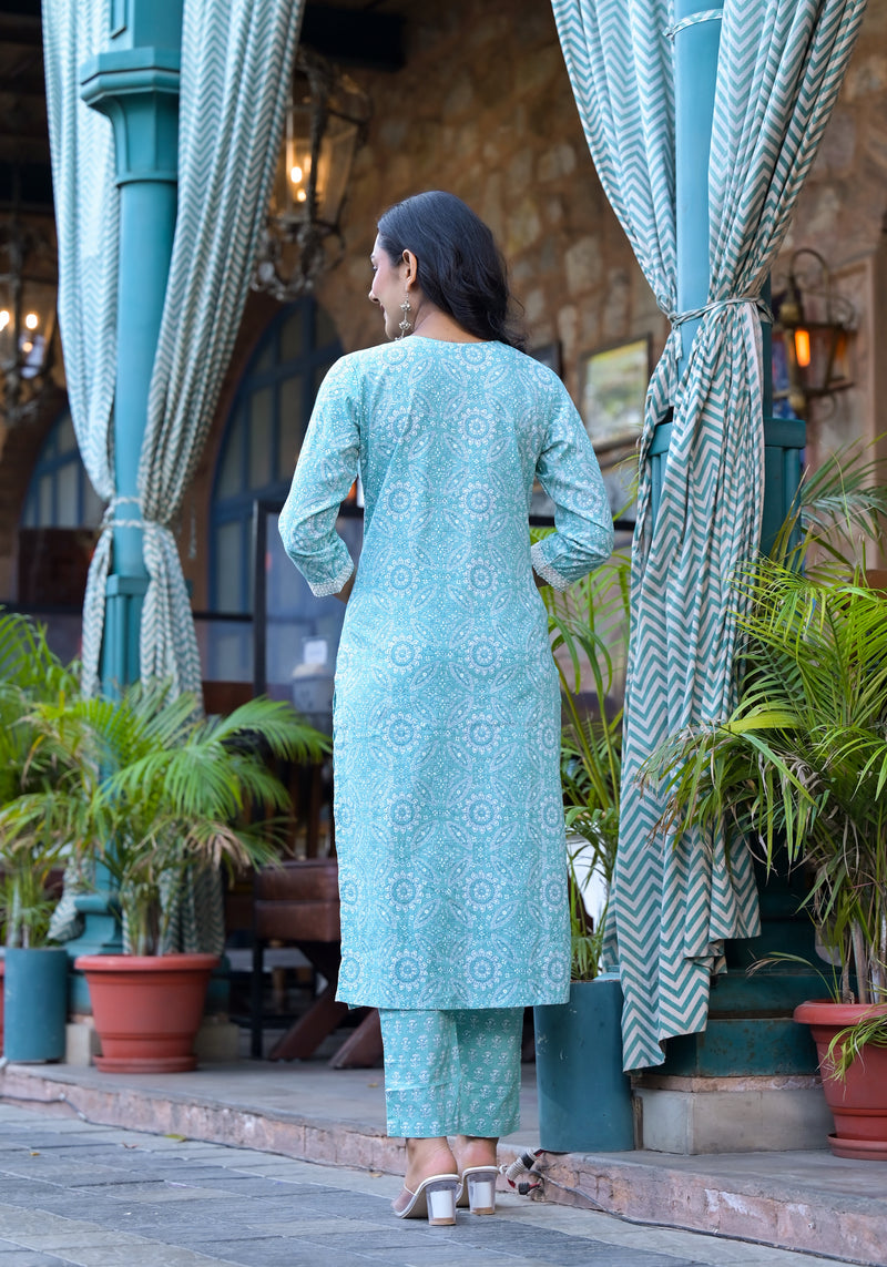 Teal Blue Floral Print Embroidered Cotton Kurta Pant Set