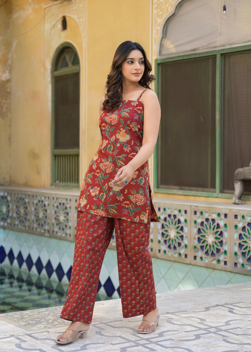 Ruhani Red Handblock Printed Cotton Co-Ord Set