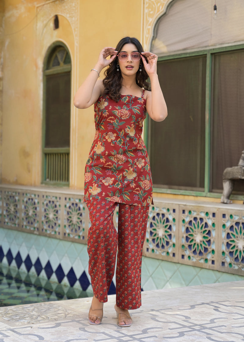 Ruhani Red Handblock Printed Cotton Co-Ord Set