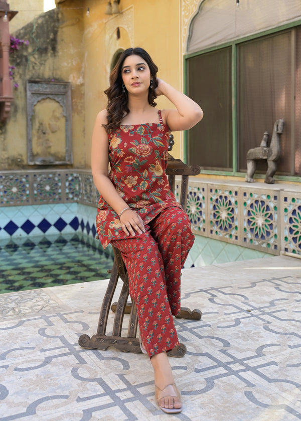 Ruhani Red Handblock Printed Cotton Co-Ord Set
