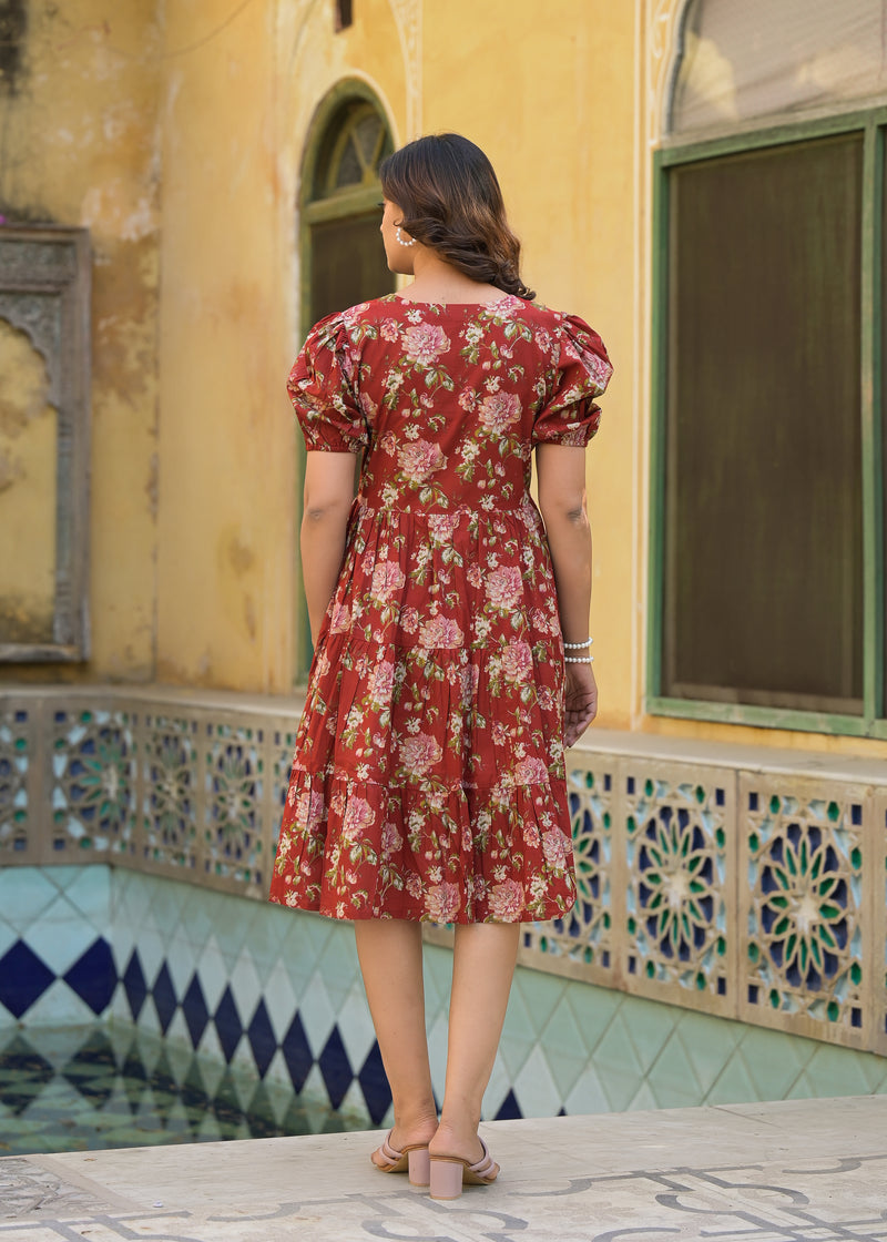 Scarlet Red Handblock Printed Cotton Dress