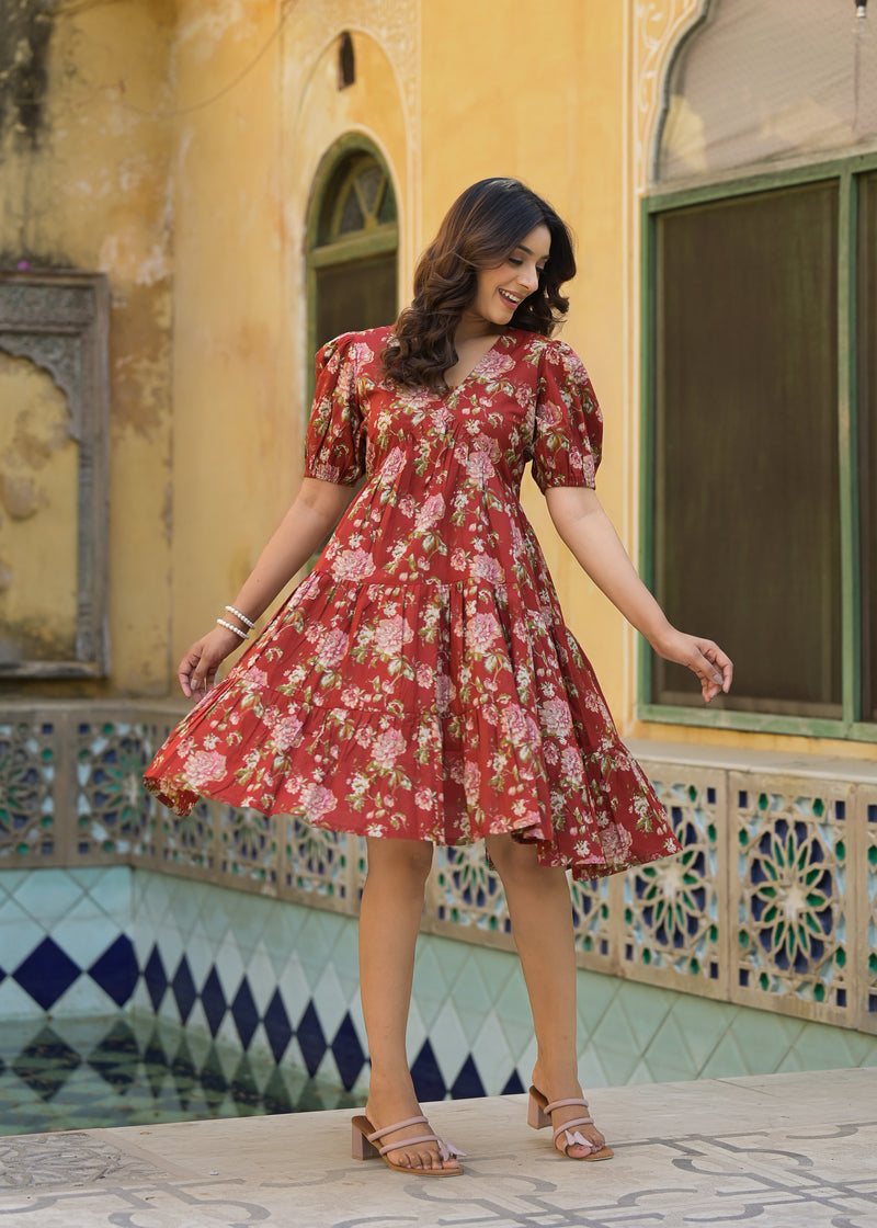 Scarlet Red Handblock Printed Cotton Dress