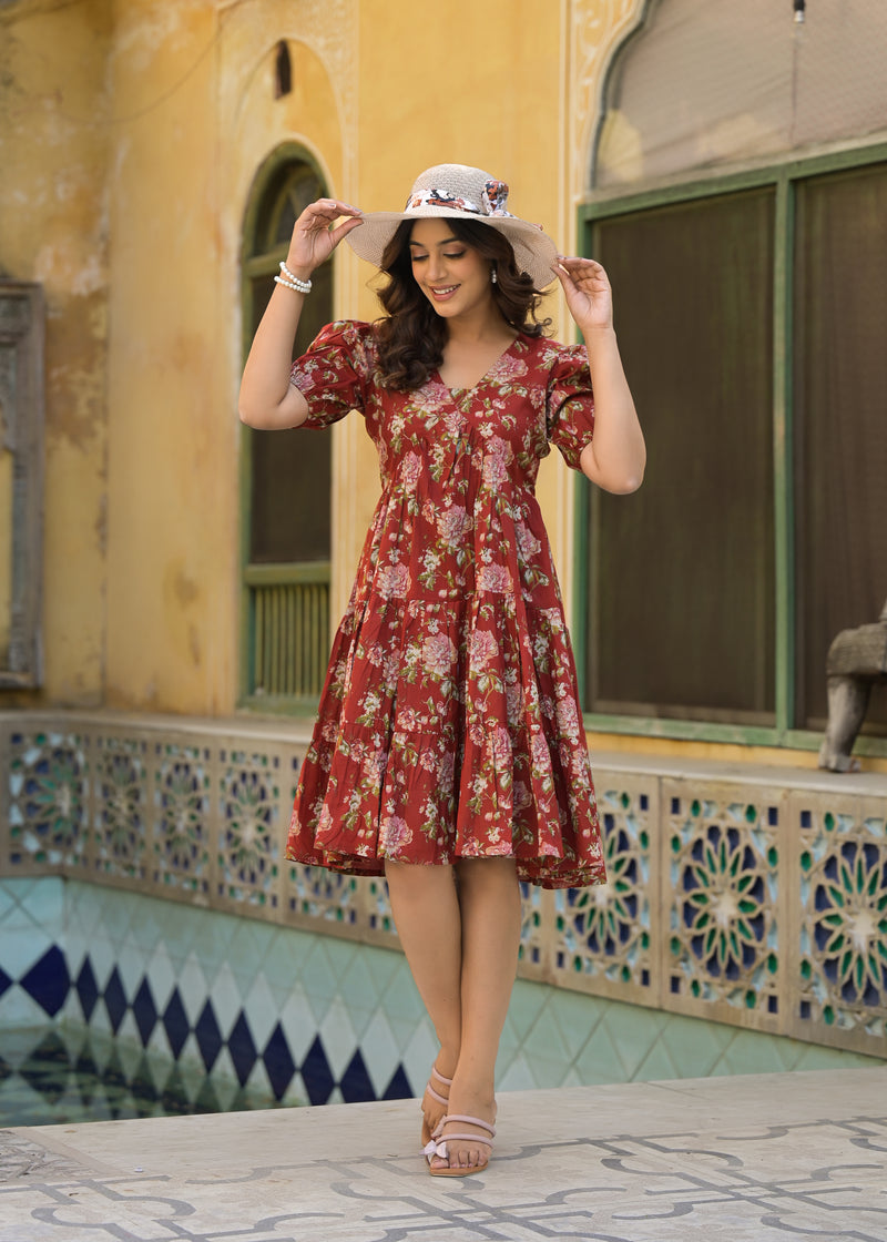 Scarlet Red Handblock Printed Cotton Dress
