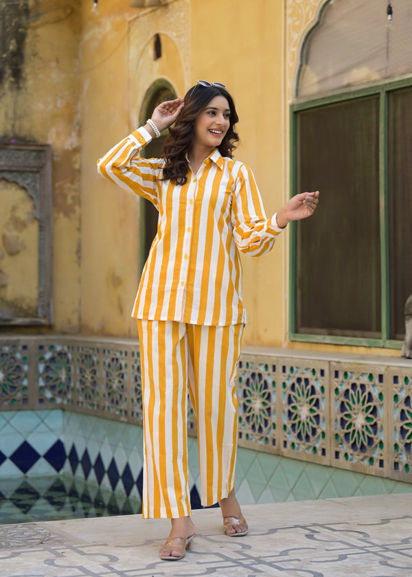 Daisy Lines Yellow Handblock Printed Co-Ord Set
