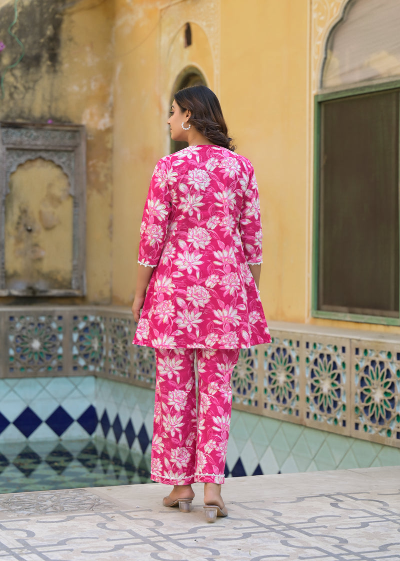 Ruby Floral Pink Handblock Printed Cotton Co-Ord Set