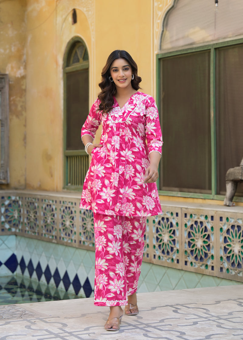 Ruby Floral Pink Handblock Printed Cotton Co-Ord Set
