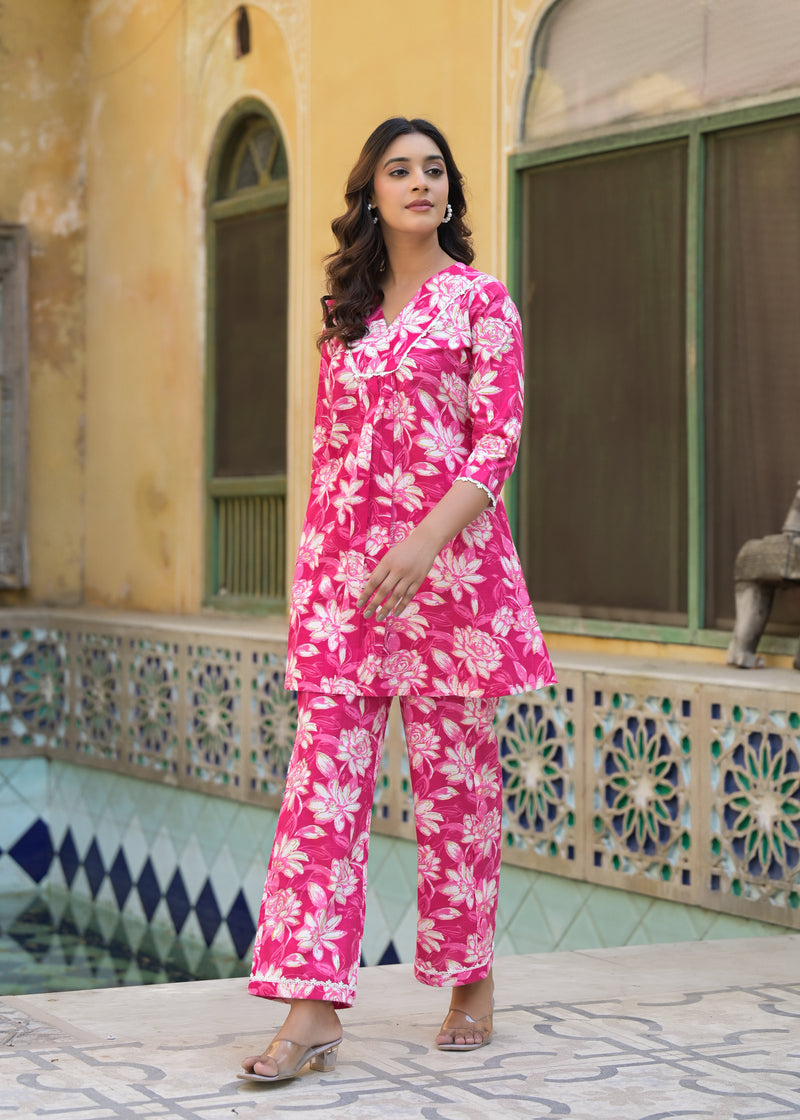 Ruby Floral Pink Handblock Printed Cotton Co-Ord Set