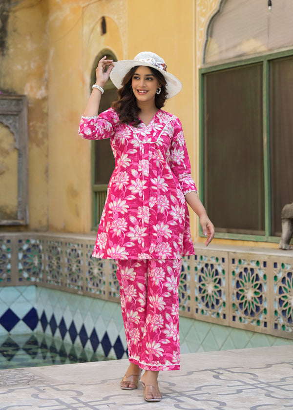 Ruby Floral Pink Handblock Printed Cotton Co-Ord Set