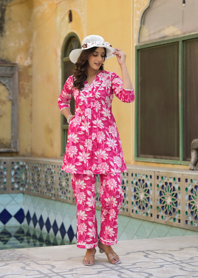 Ruby Floral Pink Handblock Printed Cotton Co-Ord Set