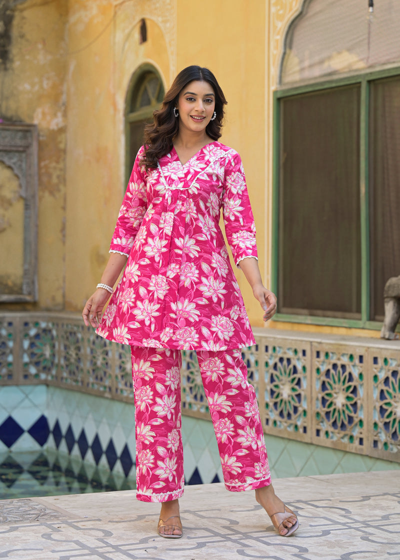 Ruby Floral Pink Handblock Printed Cotton Co-Ord Set