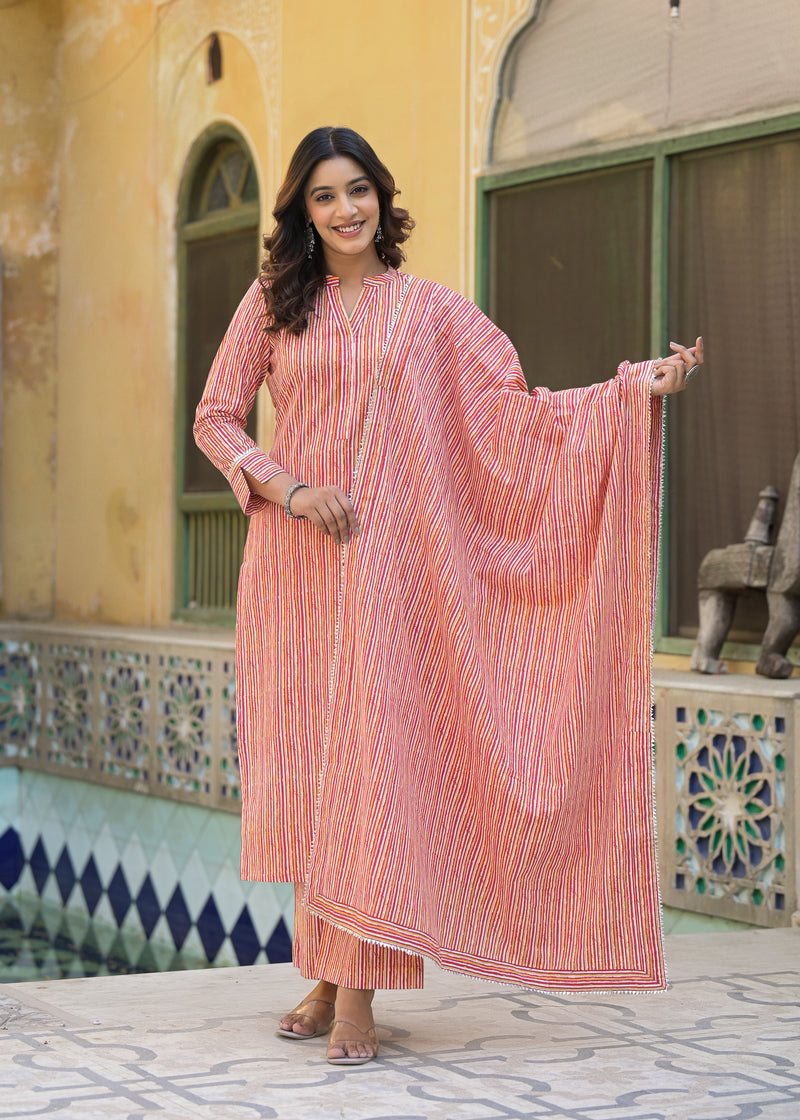 Rangeela stripes pink printed cotton suit set with dupatta( Plus Size)
