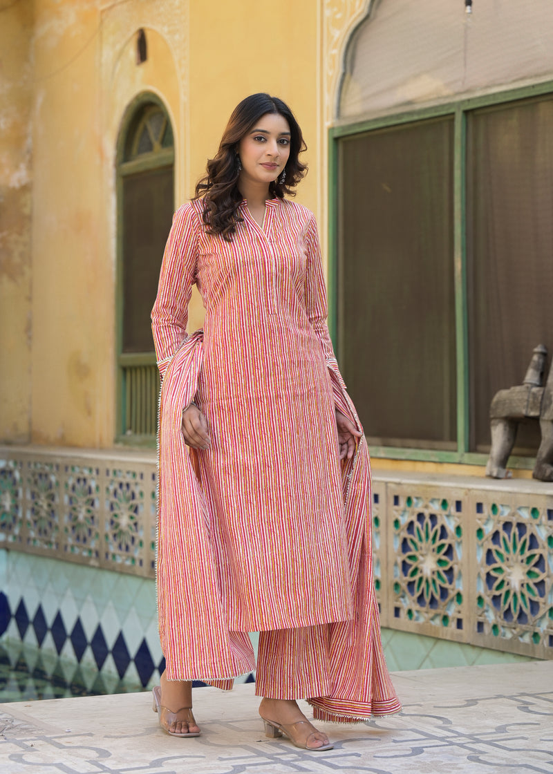 Rangeela stripes pink printed cotton suit set with dupatta