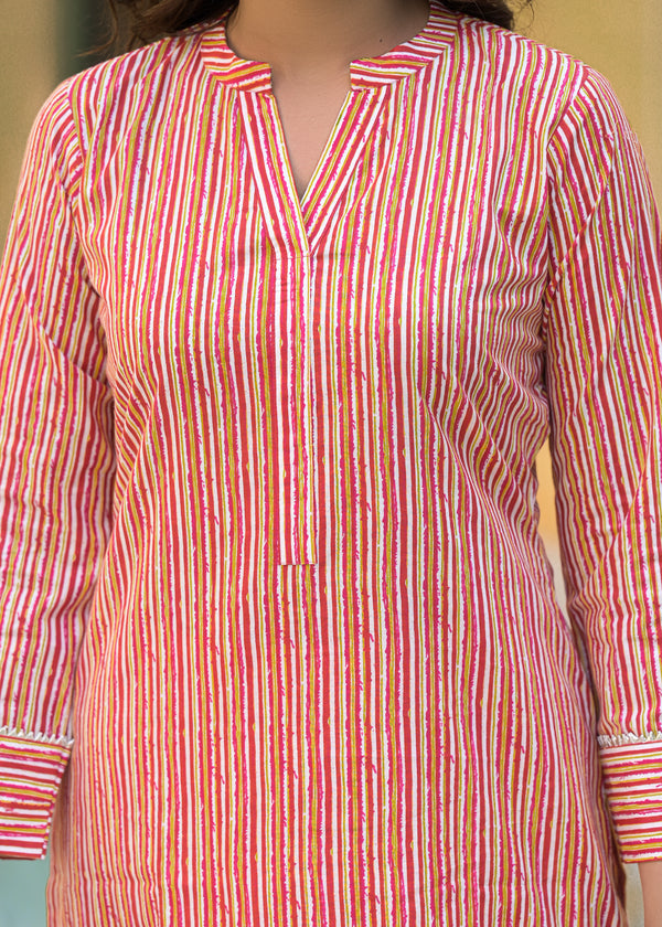 Rangeela stripes pink hand block printed cotton suit set with dupatta( Plus Size)