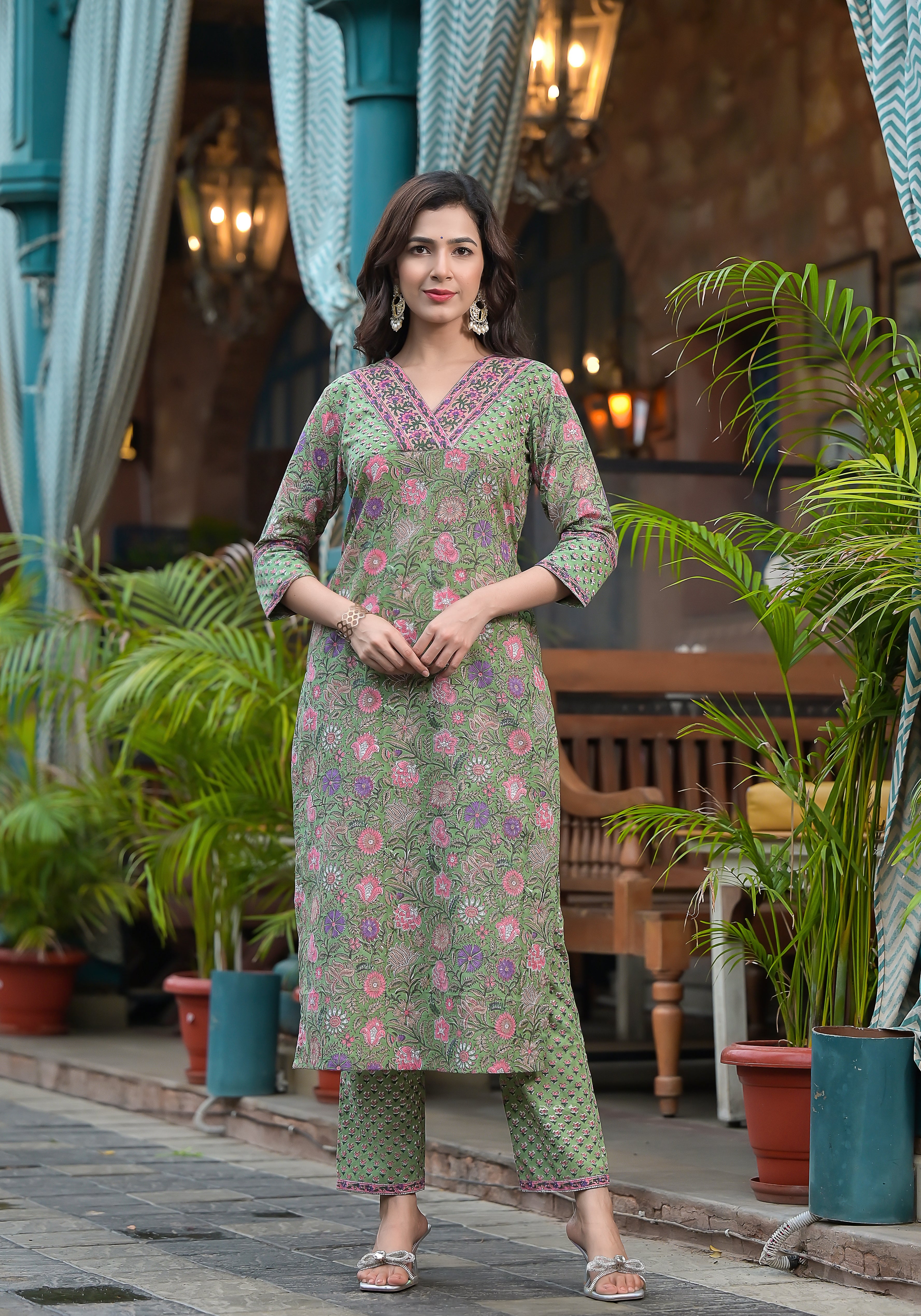 Savri Green Floral Handblock Kurta And Pant Only
