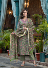 Savri Green Floral Handblock suit set