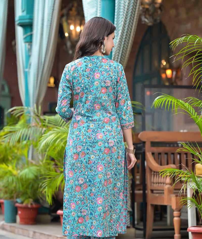 Terra Blue Floral Handblock Kurta Only