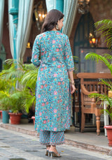 Terra Blue Floral Handblock Kurta And Pant Only