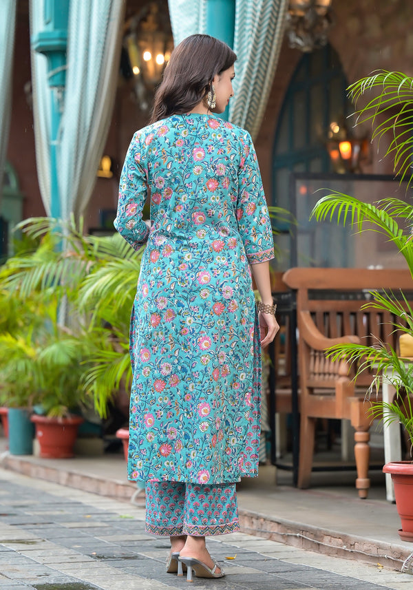 Terra Blue Floral Handblock Kurta And Pant Only