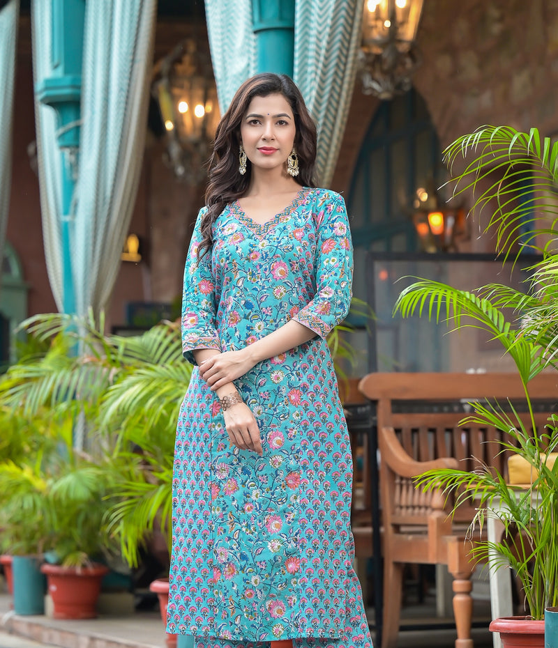 Terra Blue Floral Handblock Kurta Only