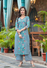 Terra Blue Floral Handblock Kurta And Pant Only