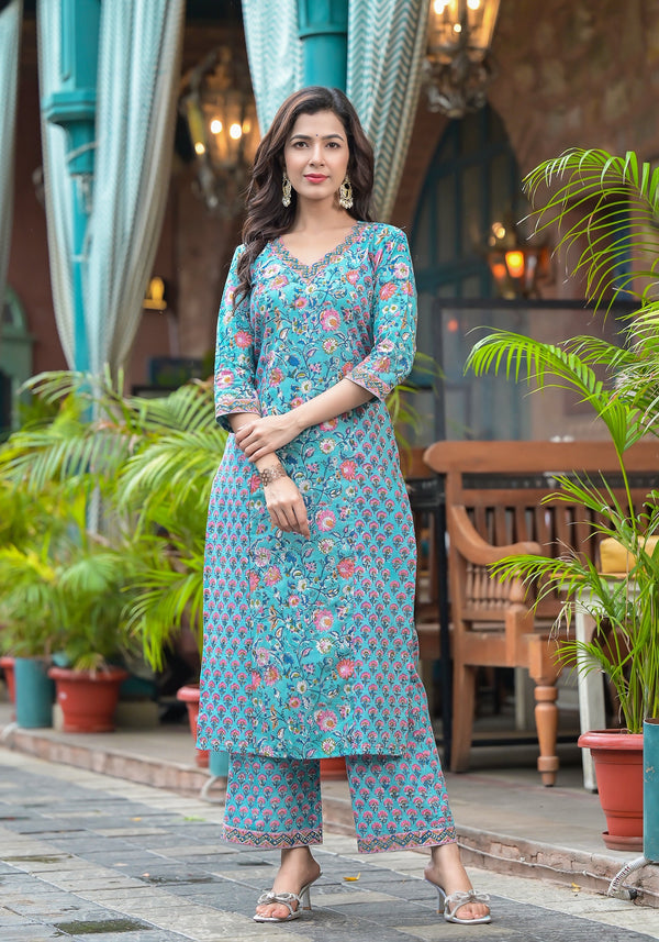 Terra Blue Floral Handblock Kurta And Pant Only