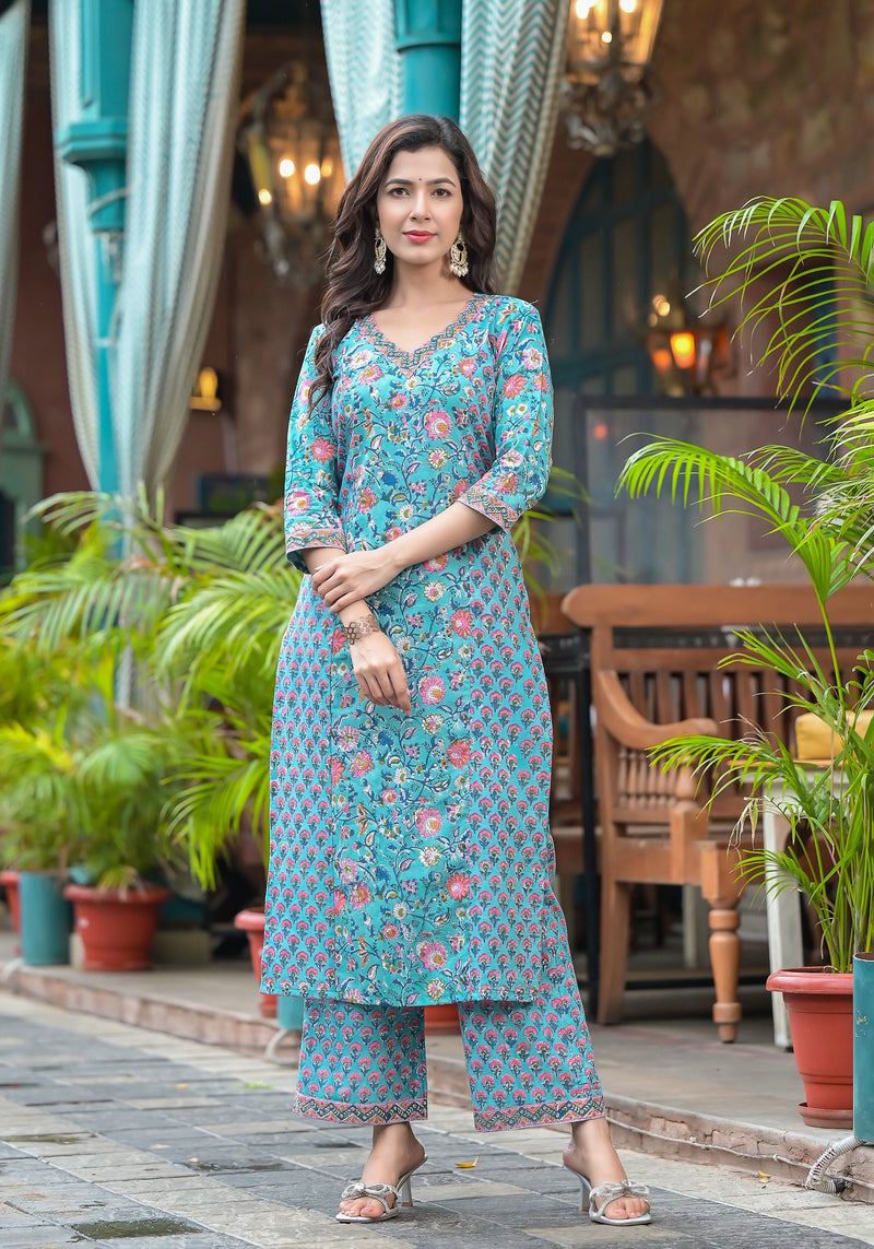 Terra Blue Floral Handblock Kurta And Pant Only