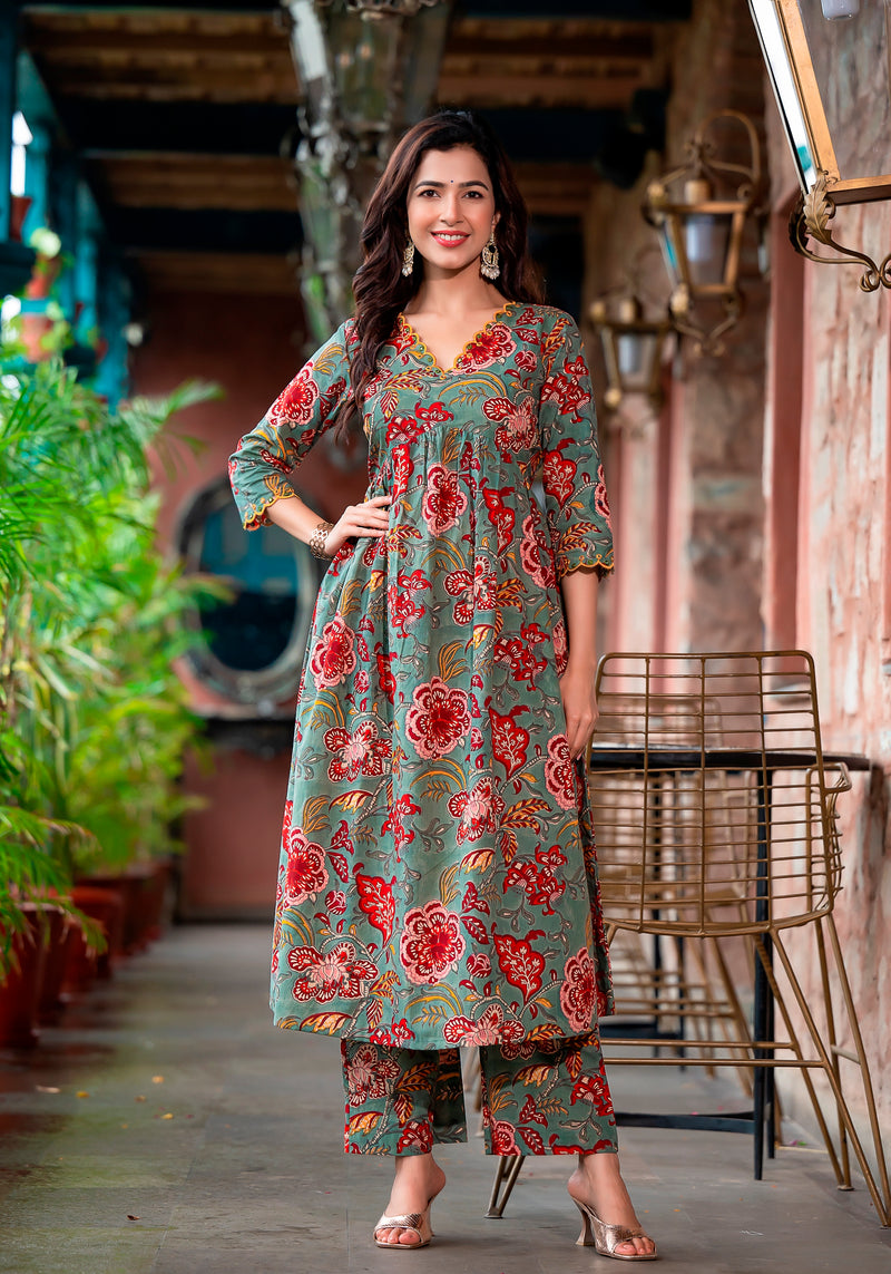 Nasreen Green Floral block print Embroidery Suit set