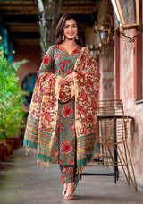 Nasreen Green Floral block print Embroidery Suit set