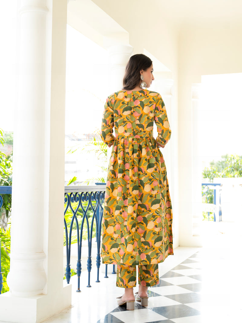 Yaani Yellow Floral Handblock Suit Set