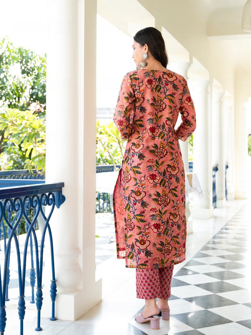 Parnia Peach Embroidery Handblock Chanderi Suit Set