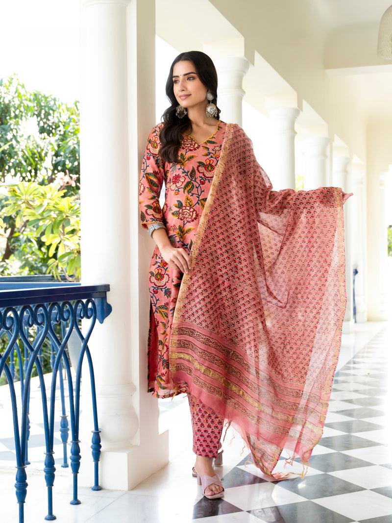 Parnia Peach Embroidery Handblock Chanderi Suit Set (Plus Size)
