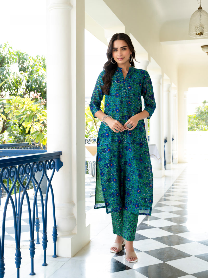 Ghazal Green Floral Handblock Chanderi  Suit Set