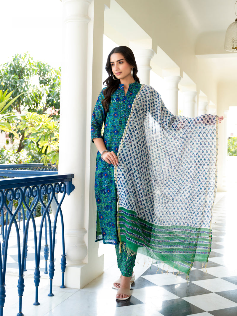 Ghazal Green Floral Handblock Chanderi  Suit Set