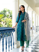 Ghazal Green Floral Handblock Chanderi  Suit Set