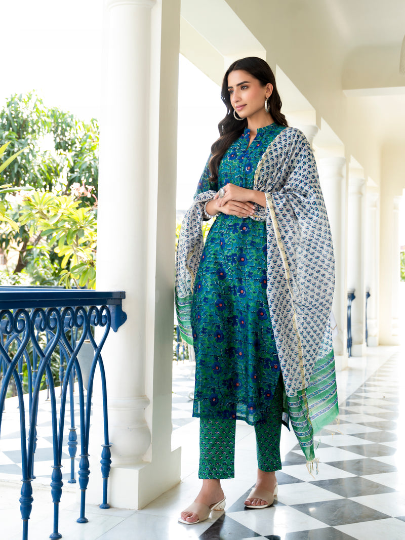 Ghazal Green Floral Handblock Chanderi  Suit Set