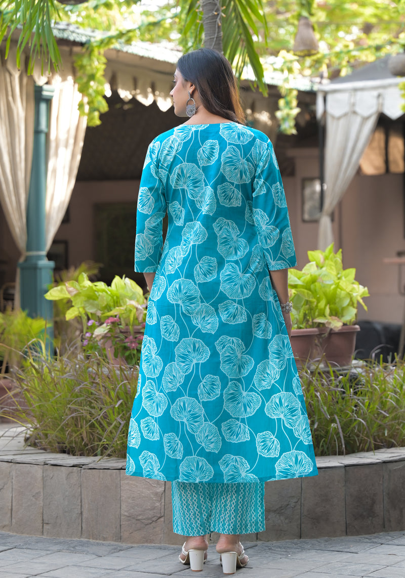 Phoolkari blue printed cotton suit set with cotton dupatta