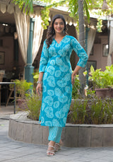 Phoolkari blue printed cotton suit set with cotton dupatta