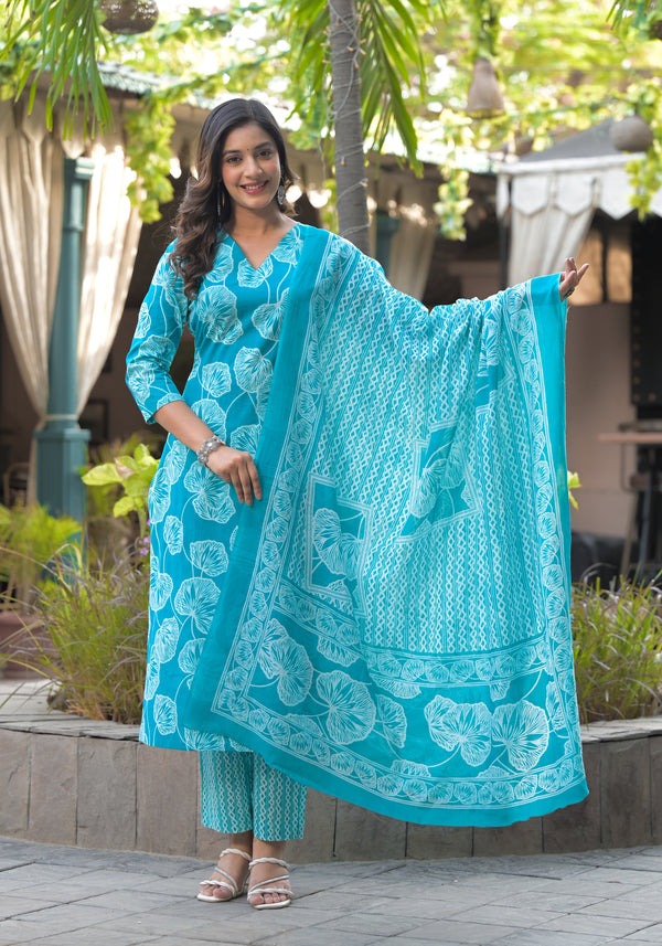 Phoolkari blue printed cotton suit set with cotton dupatta