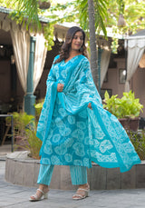 Phoolkari blue printed cotton suit set with cotton dupatta
